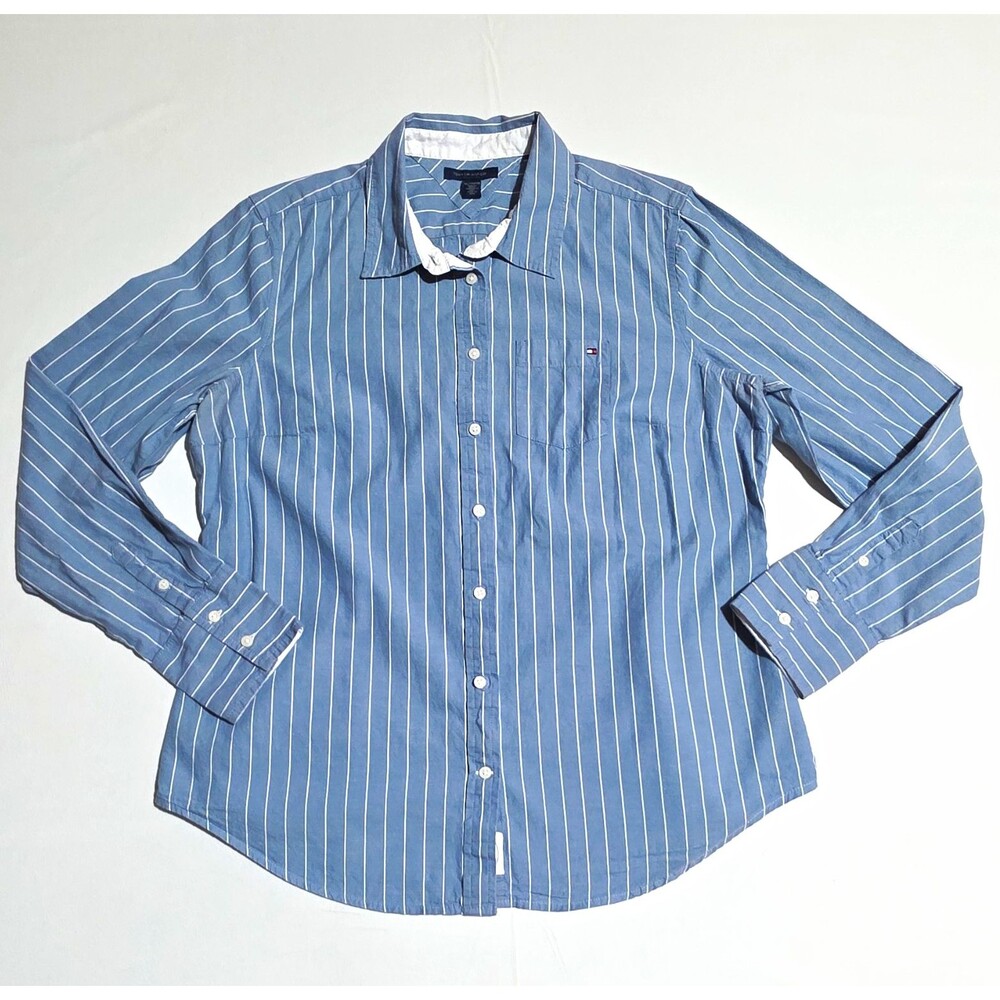 Tommy Hilfiger Women's XL Blue/White Striped Long Sleeve Cotton Button-Up Shirt
